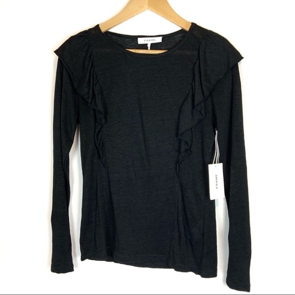 NWT FRAME Ruffled Linen Tee Noir - Picture 5 of 11